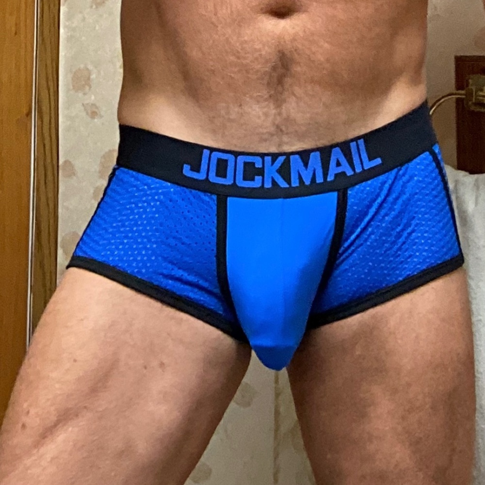 Jockmail , blue and black mesh trunks